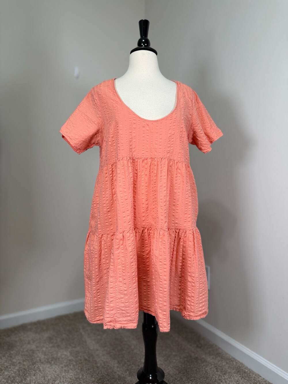 Coral Seersucker Cotton Tiered Midi Dress Medium Babydoll Cottagecore Pockets